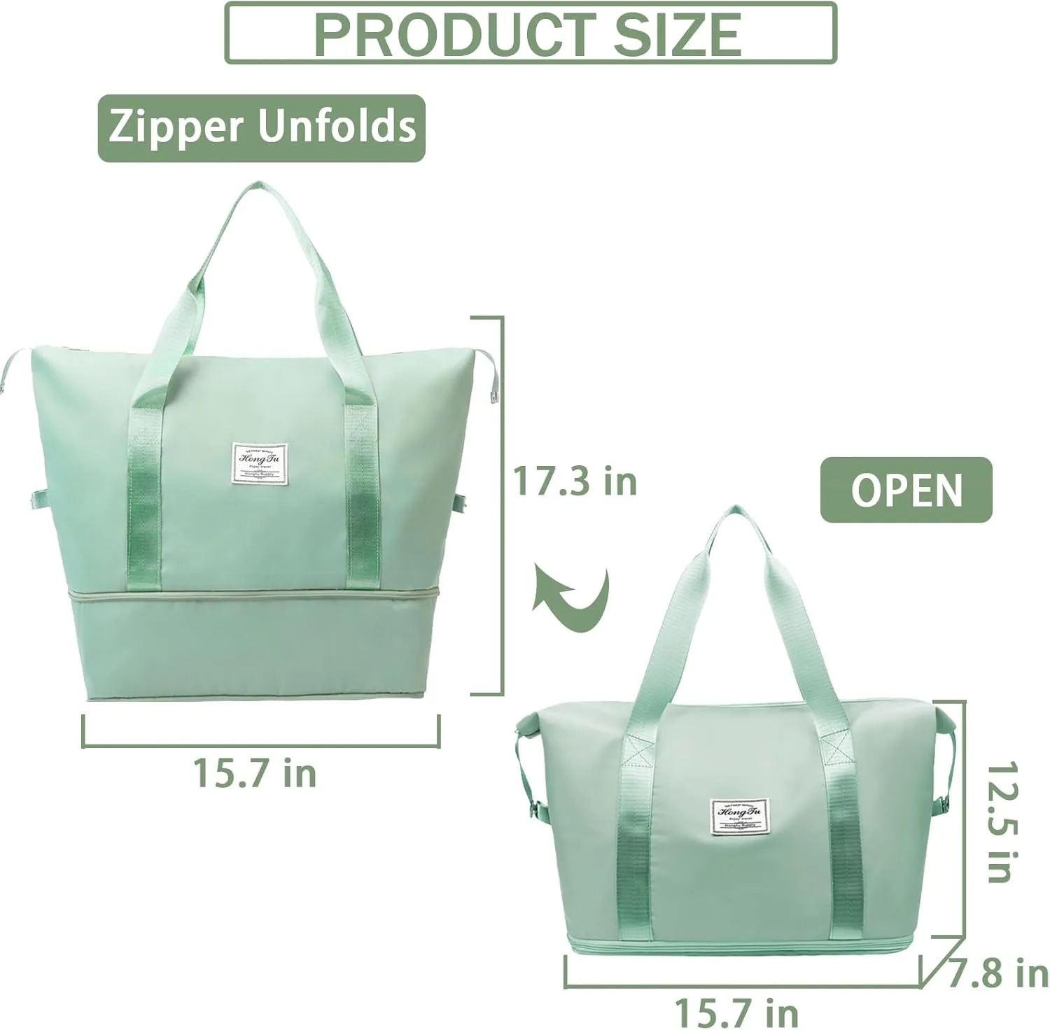 INVODA Travel Duffel Bag For Women and Men Waterproof Expandable Weekender Overnight Carry On Tote Bag Dry Wet Separation Swim Sports Gym Bag (Green)