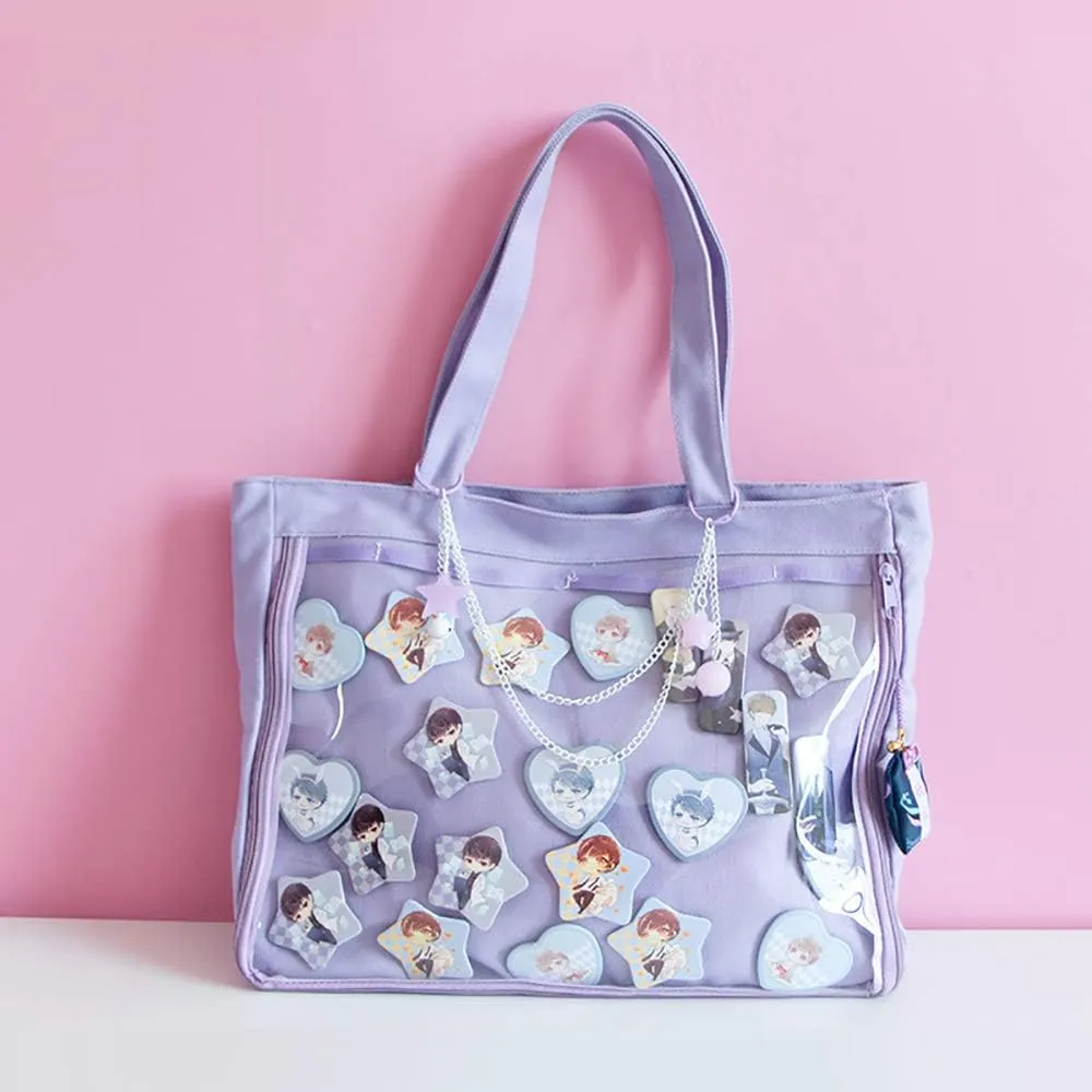 Ita Tote Bag Clear Window for Pins Shoulder Bag Handbag Bag DIY, Cosplay Stachel Tote