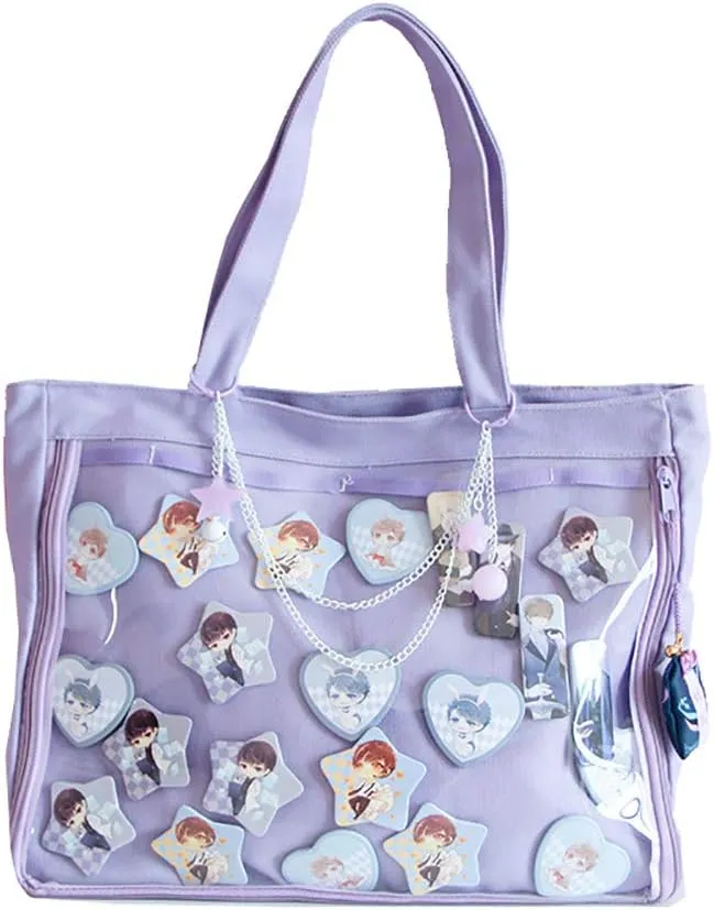 Ita Tote Bag Clear Window for Pins Shoulder Bag Handbag Bag DIY, Cosplay Stachel Tote