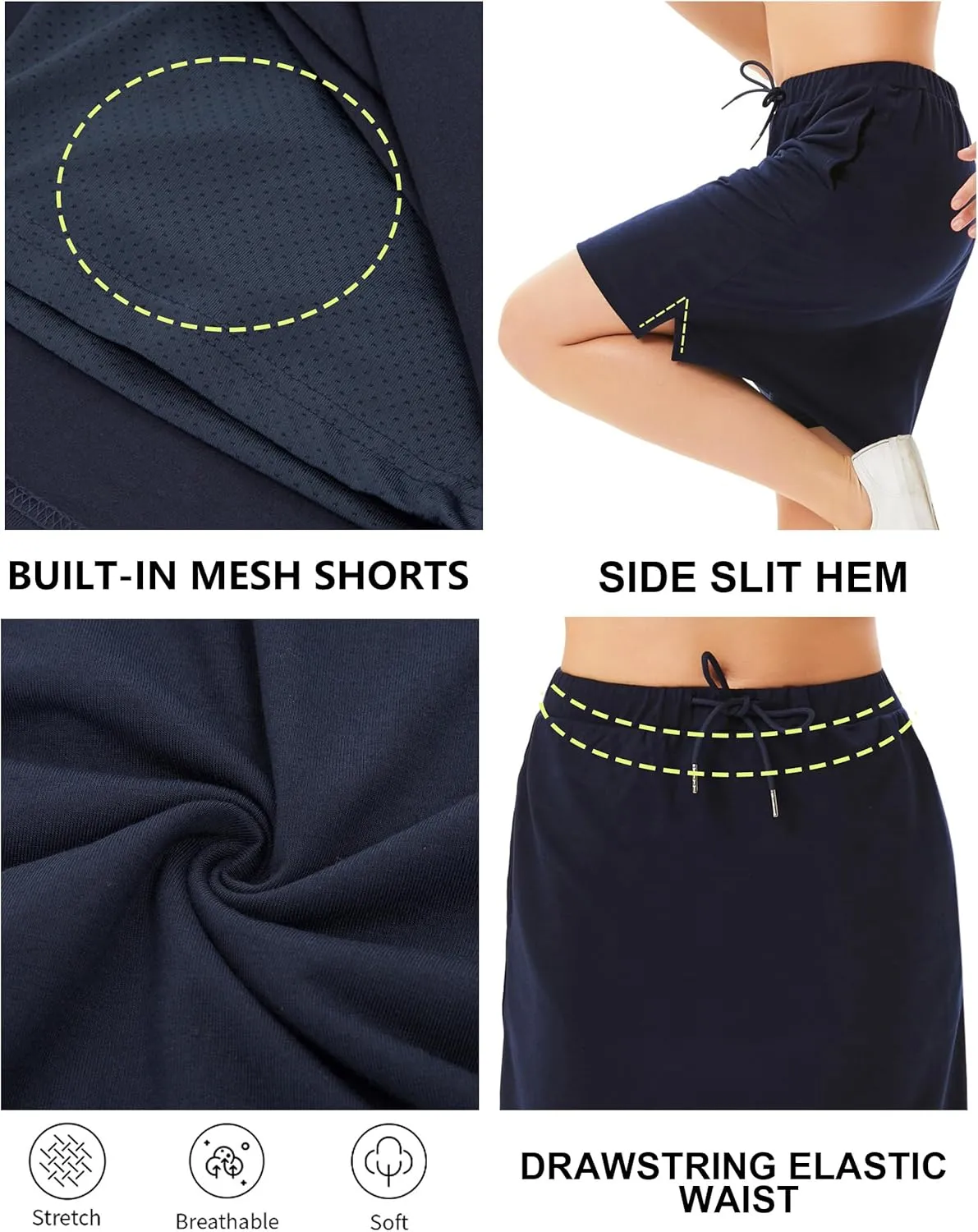JACK SMITH Women's Stretchy Knee Length Skirts Athletic Skorts for Woman Drawstring Waist with Mesh Shorts Pockets