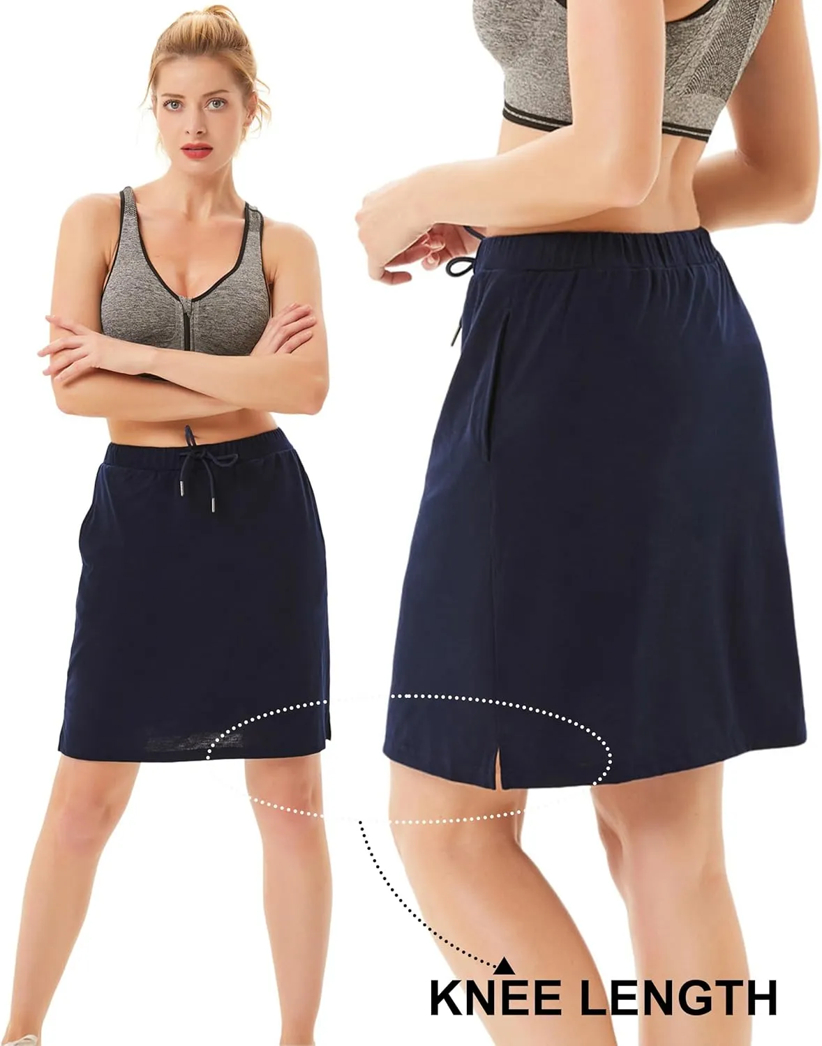 JACK SMITH Women's Stretchy Knee Length Skirts Athletic Skorts for Woman Drawstring Waist with Mesh Shorts Pockets