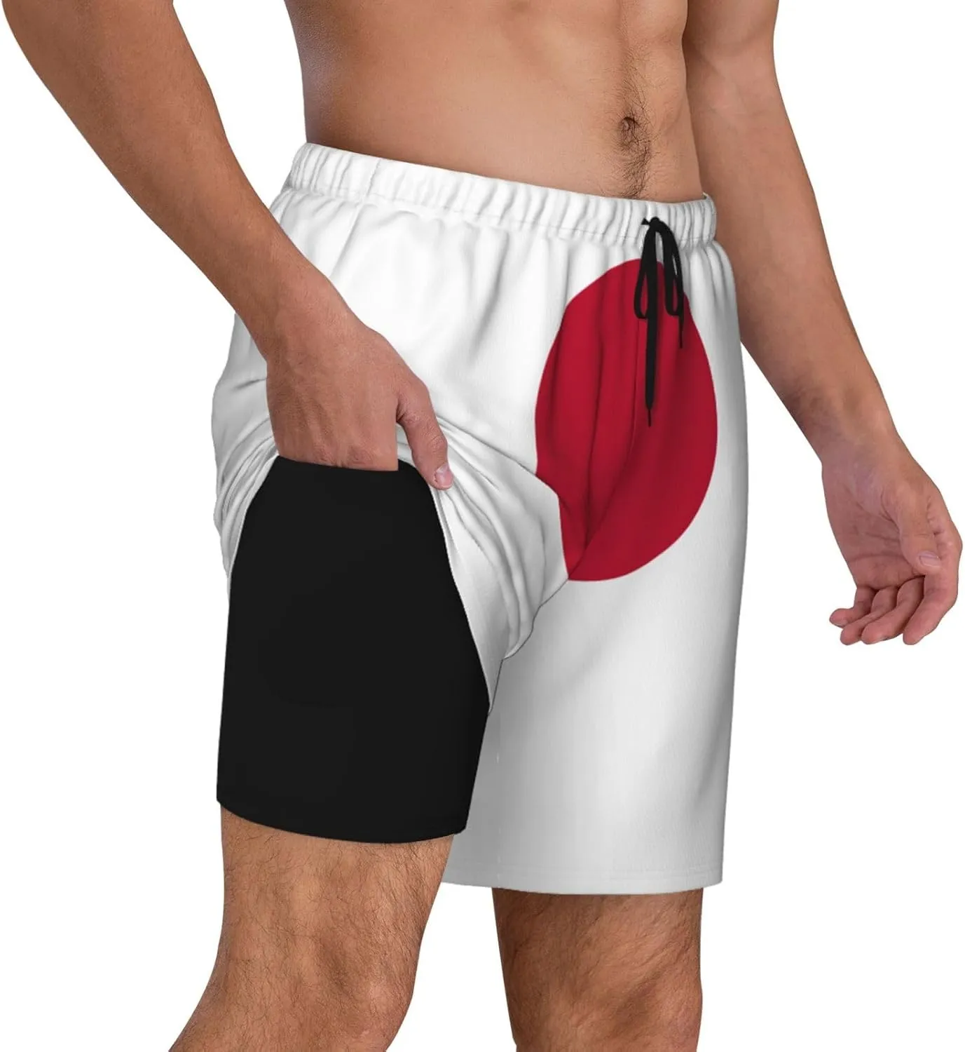 Japanese Flag Print Men's Double Layer Swim Shorts, Gym Workout Shorts with Pocket