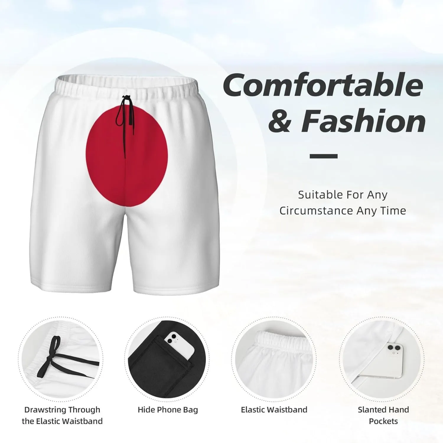 Japanese Flag Print Men's Double Layer Swim Shorts, Gym Workout Shorts with Pocket