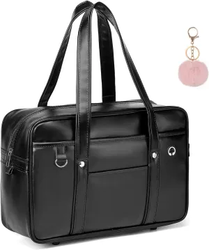 Japanese School Shoulder Bag Tote Faux Leather Kawaii Cute Bookbag Satchel Anime Cosplay Student with Pink Pompom