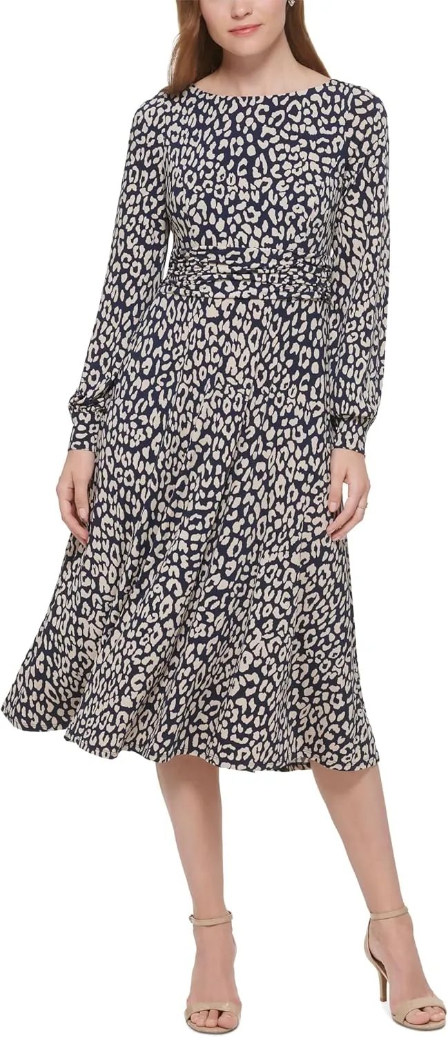 Jessica Howard Women's Leopard Print Ruched Midi Dress Navy Size 10