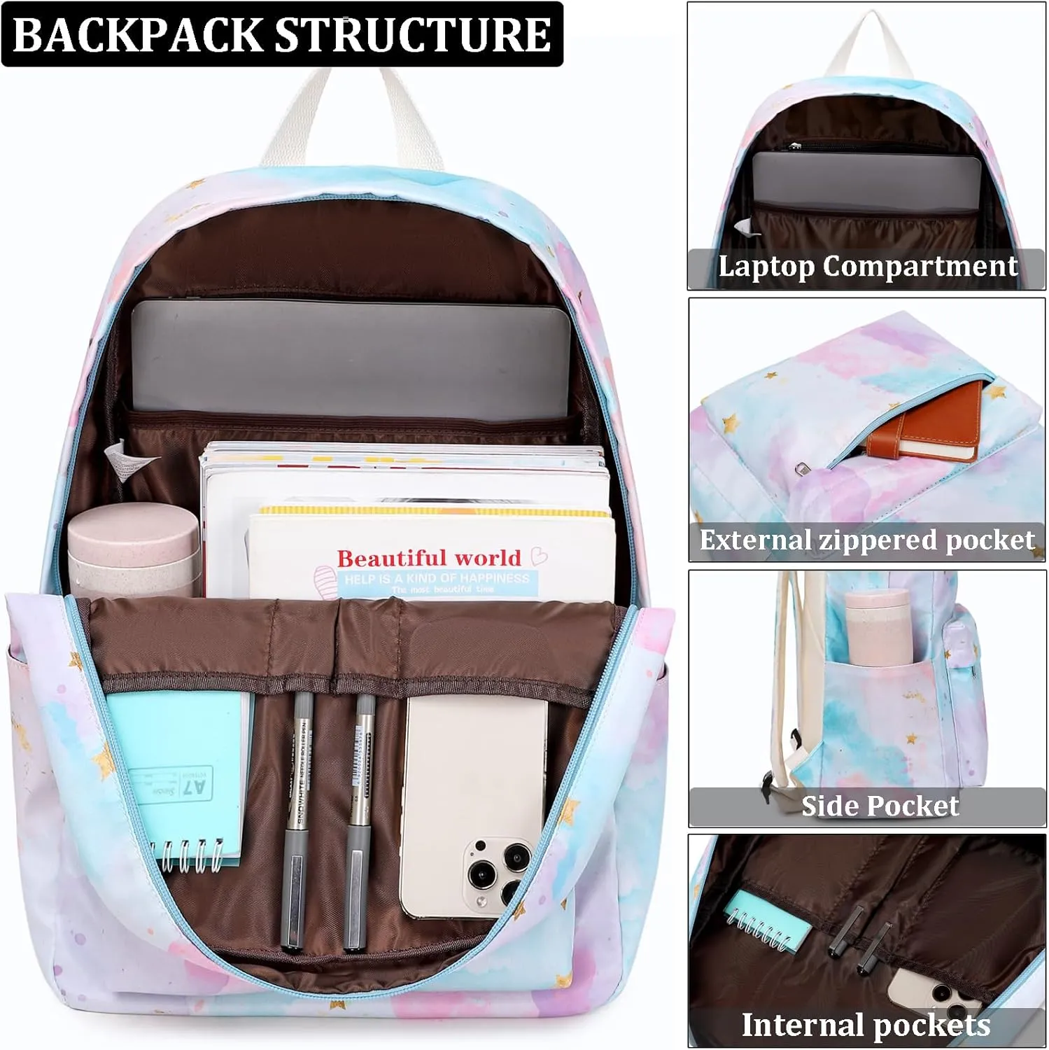 JIANYA School Backpack for Girls Water Resistant Bookbag Travel Back Pack, Tie Dye-Colorful