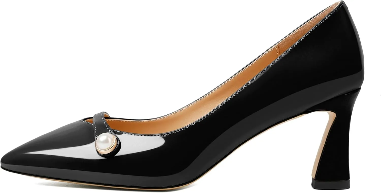 Joseywade Women's Low Heel Pumps 2.5 Inch Closed Pointed Toe Kitten Heels Slip On Business Pearl Dressy Shoes