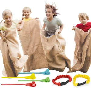 JOYIN 4 Players Outdoor Lawn Games; Potato Sack Race Bags, Egg and Spoon Race Games, Legged Relay Race Bands Elastic Tie Rope for All Ages Kids and Family, Outside Easter Eggs Hunt Game Party Favor