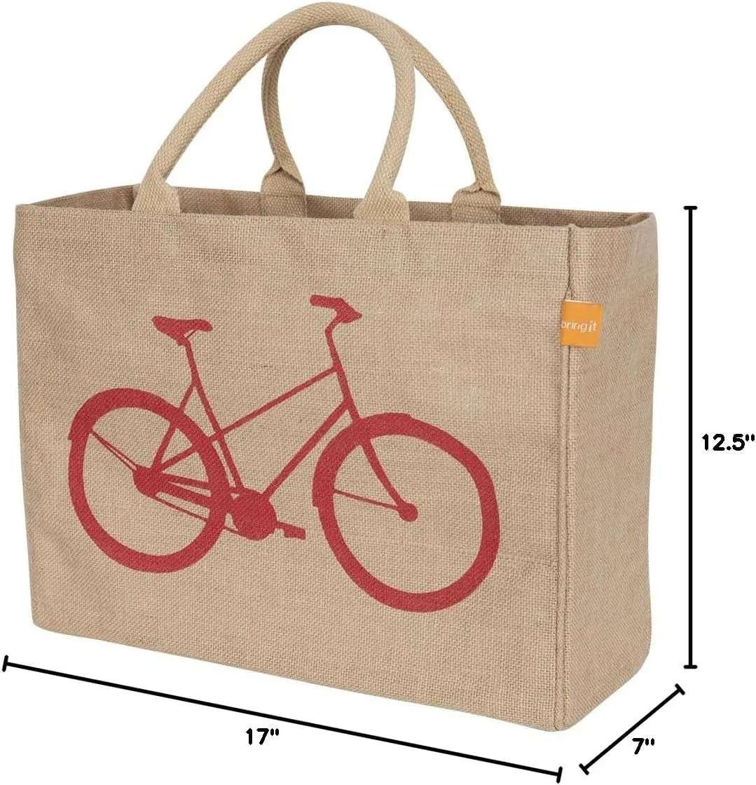 KAF Home Jute Market Tote Bag with Bicycle Print, Durable Handle, Reinforced Bottom and Interior Zipper Pocket, Generous capacity, 12.5" tall x 17" wide x 7" deep