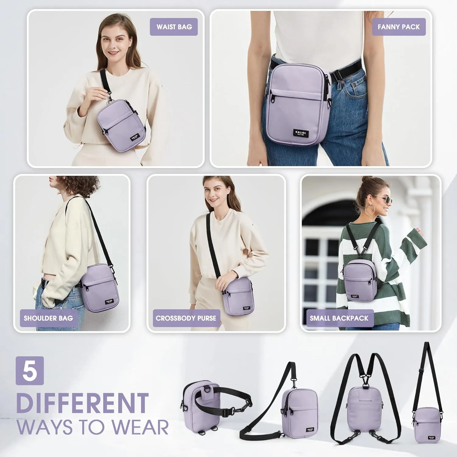 KALIDI Crossbody Sling Bag for Women Men Multi Position Small Purse Waist Fanny Pack with 2 Adjustable Strap