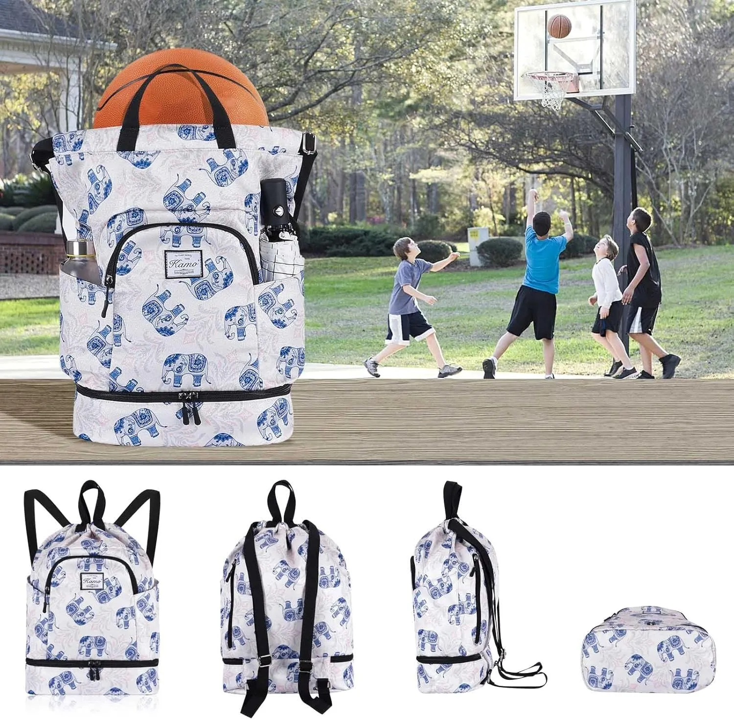 KAMO Drawstring Backpack With Shoe Compartment, Two Water Bottle Holders - Large String Bag for Sport, Swimming, Yoga, Travel - Athletic Sackpack for Men and Women
