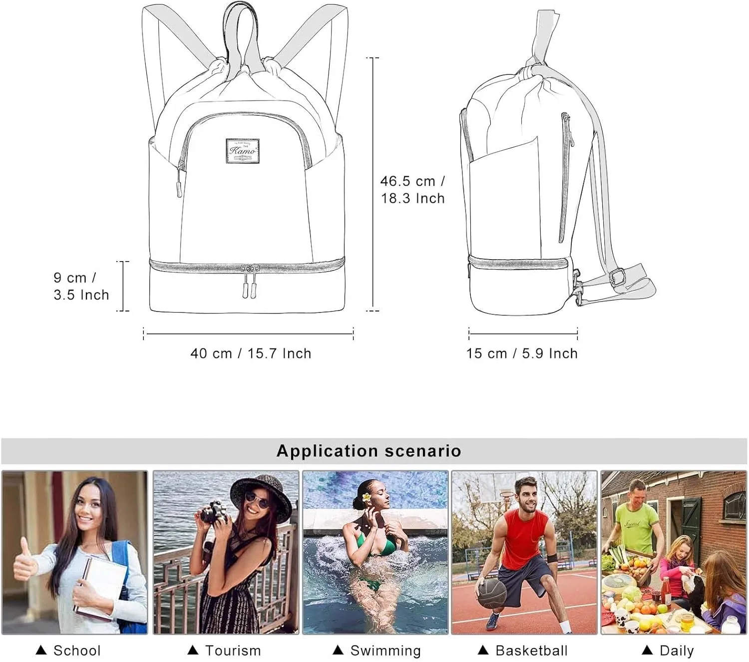 KAMO Drawstring Backpack With Shoe Compartment, Two Water Bottle Holders - Large String Bag for Sport, Swimming, Yoga, Travel - Athletic Sackpack for Men and Women