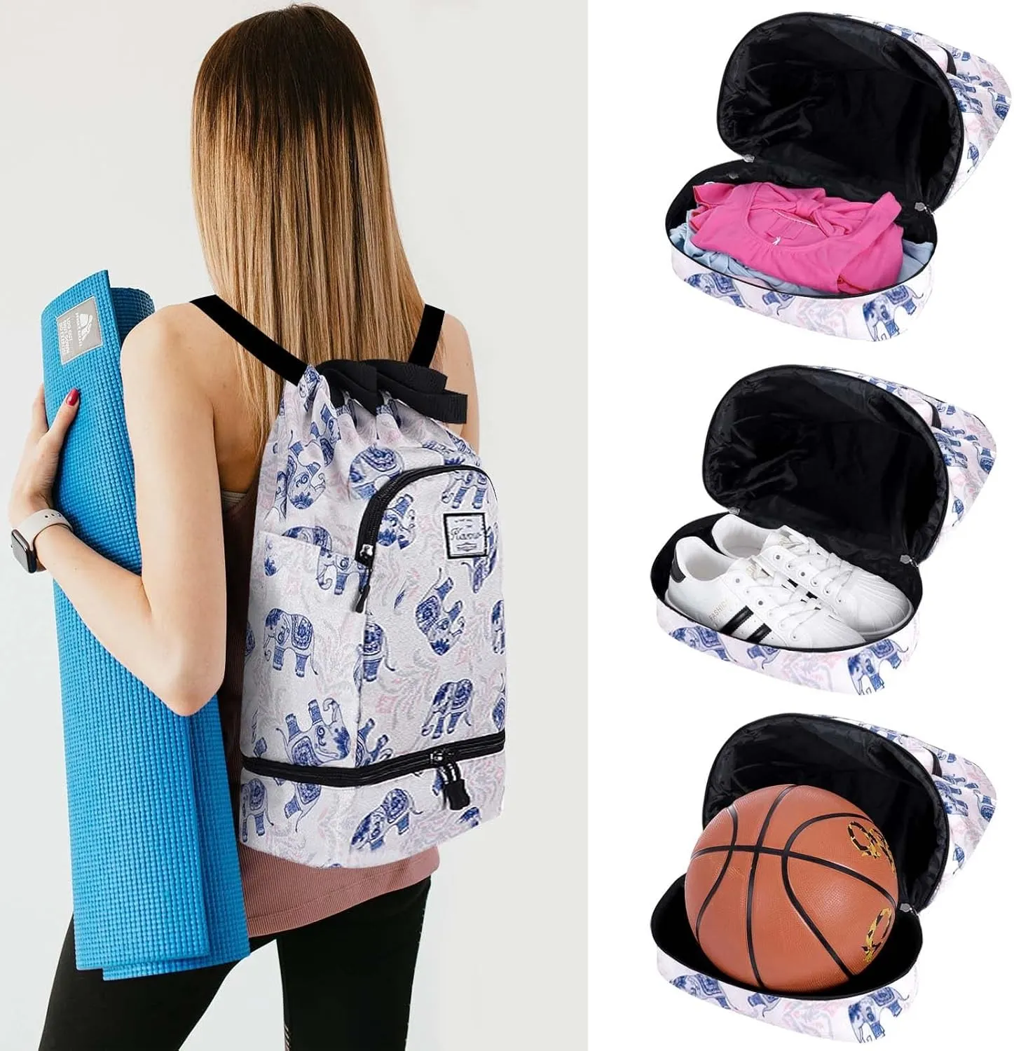 KAMO Drawstring Backpack With Shoe Compartment, Two Water Bottle Holders - Large String Bag for Sport, Swimming, Yoga, Travel - Athletic Sackpack for Men and Women