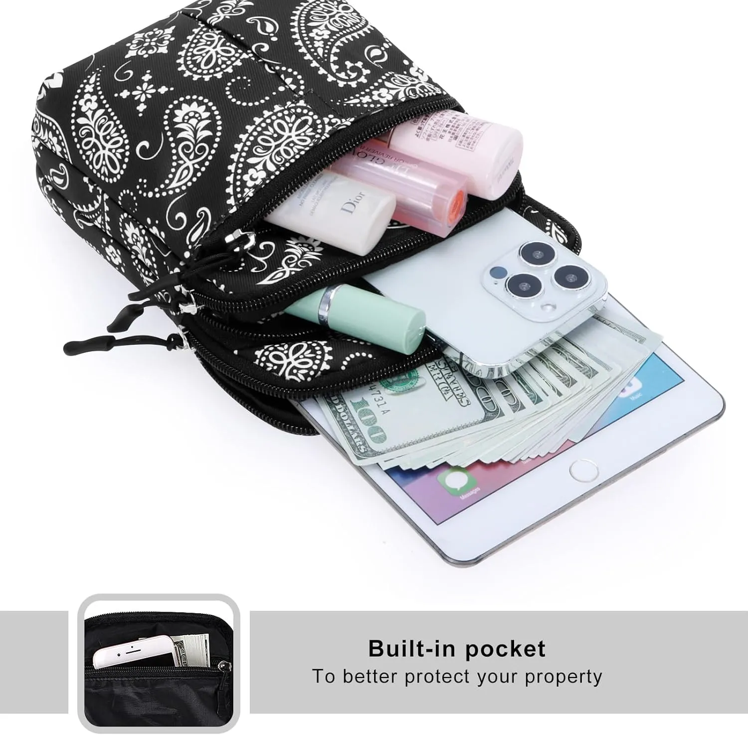 KAMO Multifunction Phone Waist Bag - One Shoulder Diagonal Cross Bag, Smart Case, Outdoor Triple Zip Hipster Crossbody Purse for Women & Men