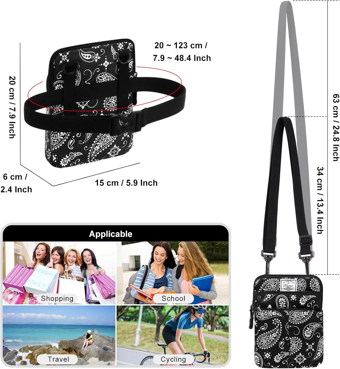 KAMO Multifunction Phone Waist Bag - One Shoulder Diagonal Cross Bag, Smart Case, Outdoor Triple Zip Hipster Crossbody Purse for Women & Men