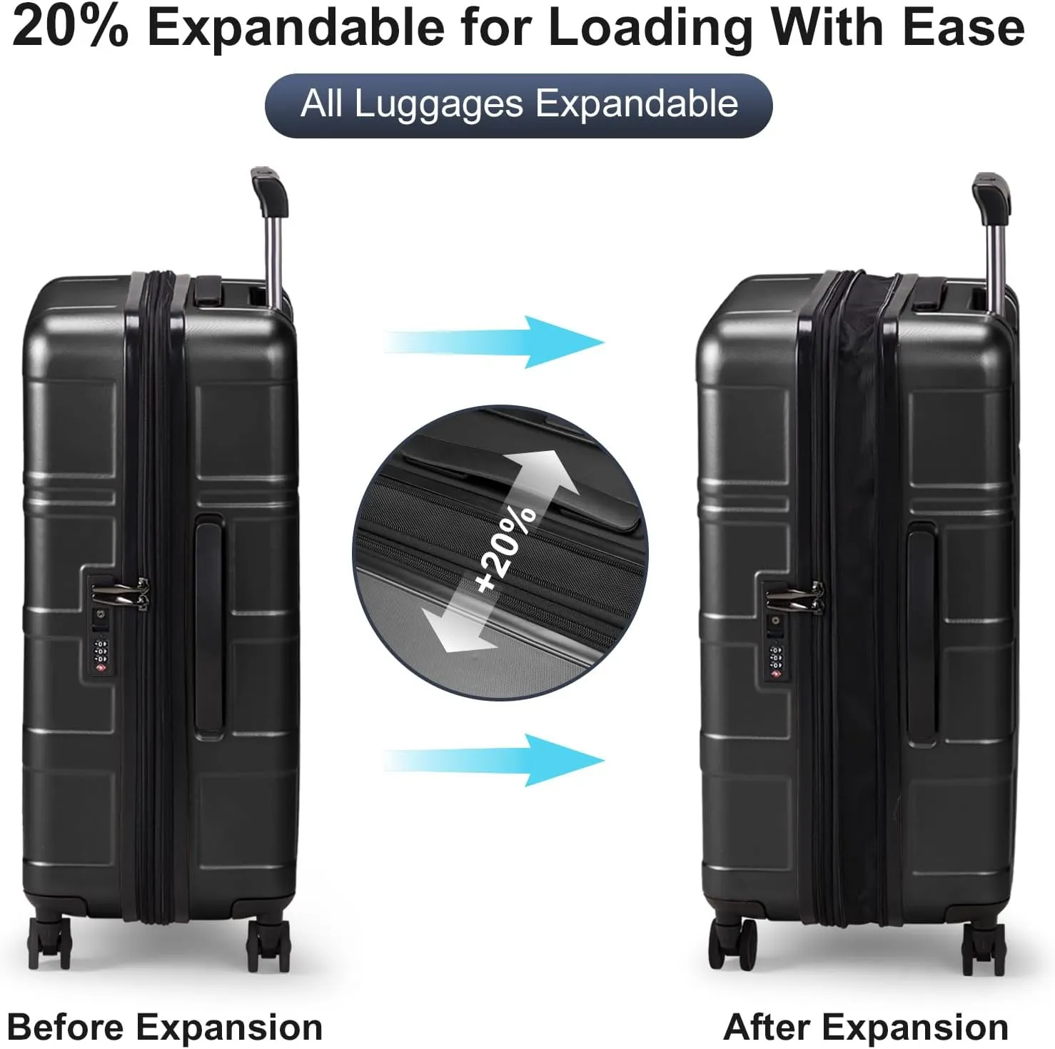Karl home 20in Carry On Luggage Airline Approved Expandable Lightweight Hard Shell Suitcases with Wheels Built-In TSA Luggage Bag for Business/Travel Black