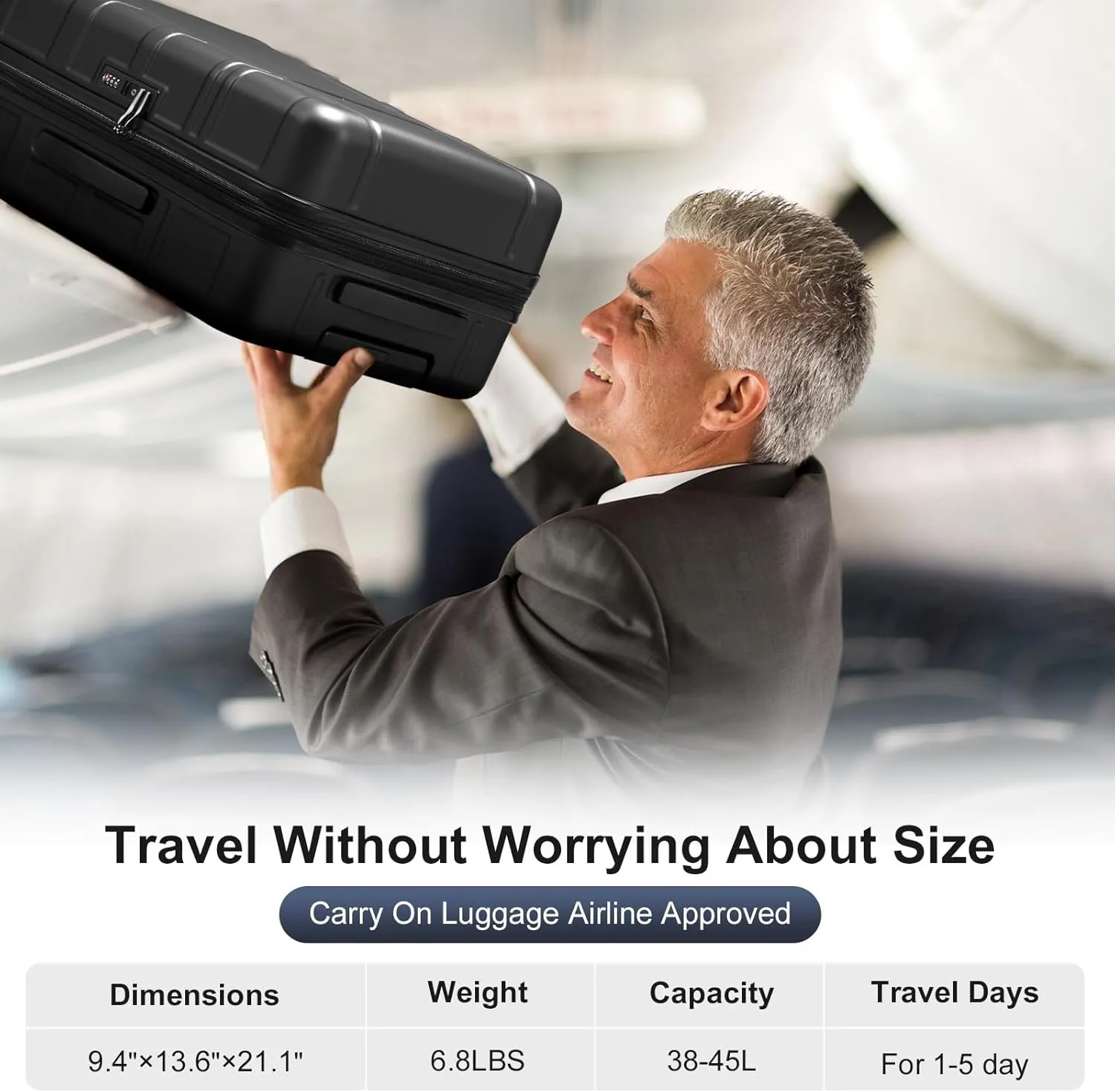 Karl home 20in Carry On Luggage Airline Approved Expandable Lightweight Hard Shell Suitcases with Wheels Built-In TSA Luggage Bag for Business/Travel Black