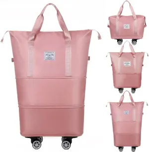 Kaxich Rolling Duffel Bag with Wheels, Expandable Foldable Travel Bag Carry-on Luggage Bag Large Suitcase with Detachable Wheels for Gym, Camping, Travel or Business Trip (Pink)