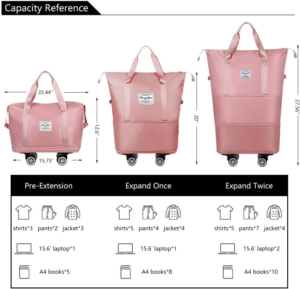 Kaxich Rolling Duffel Bag with Wheels, Expandable Foldable Travel Bag Carry-on Luggage Bag Large Suitcase with Detachable Wheels for Gym, Camping, Travel or Business Trip (Pink)