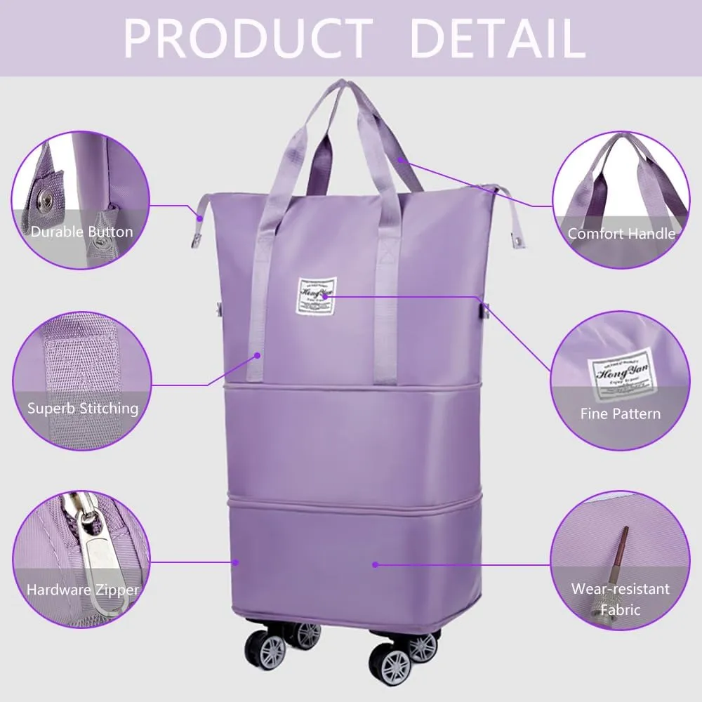 Kaxich Rolling Duffel Bag with Wheels, Expandable Foldable Travel Bag Carry-on Luggage Bag Large Suitcase with Detachable Wheels for Gym, Camping, Travel or Business Trip (Pink)