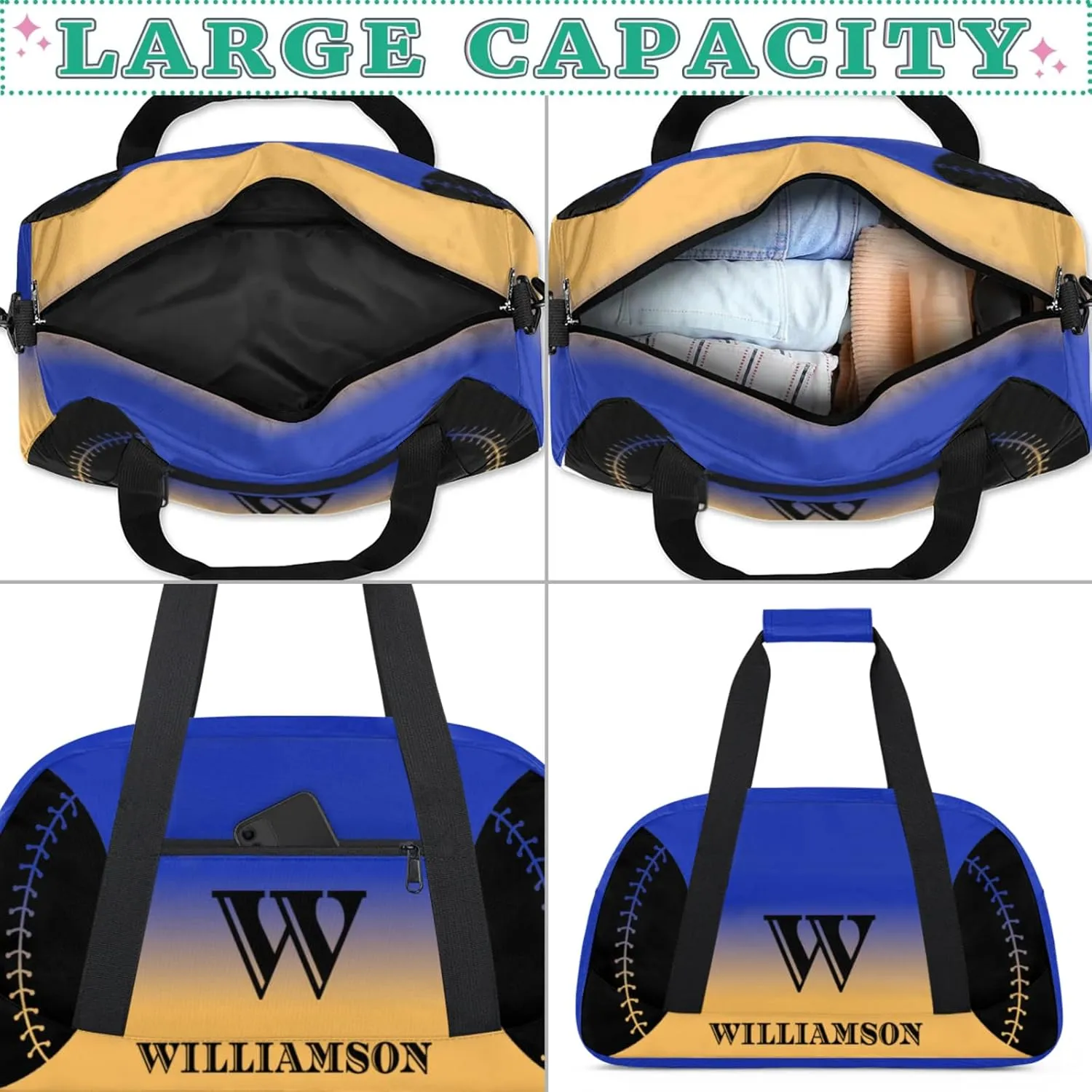 Kids Duffle Bag Personalized Gym Bag Overnight Bags, Ideal for Travel and Sports, Suitable for Men Women for Gym, Dance, Yoga, Durable Waterproof Sport Overnight Handbags Baseball Blue