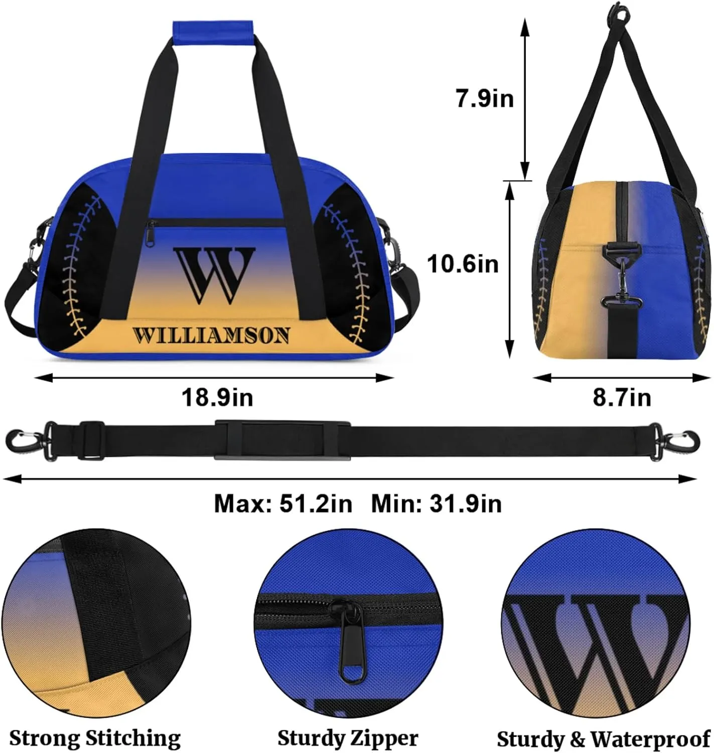 Kids Duffle Bag Personalized Gym Bag Overnight Bags, Ideal for Travel and Sports, Suitable for Men Women for Gym, Dance, Yoga, Durable Waterproof Sport Overnight Handbags Baseball Blue