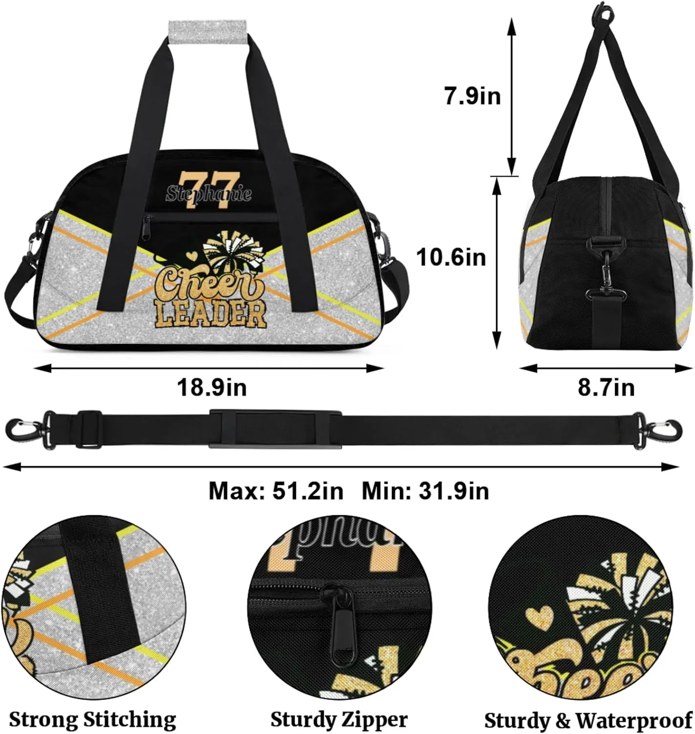 Kids Duffle Bag Personalized Gym Bag Overnight Bags, Ideal for Travel and Sports, Suitable for Men Women for Gym, Dance, Yoga, Durable Waterproof Sport Overnight Handbags Cheerleader Yellow