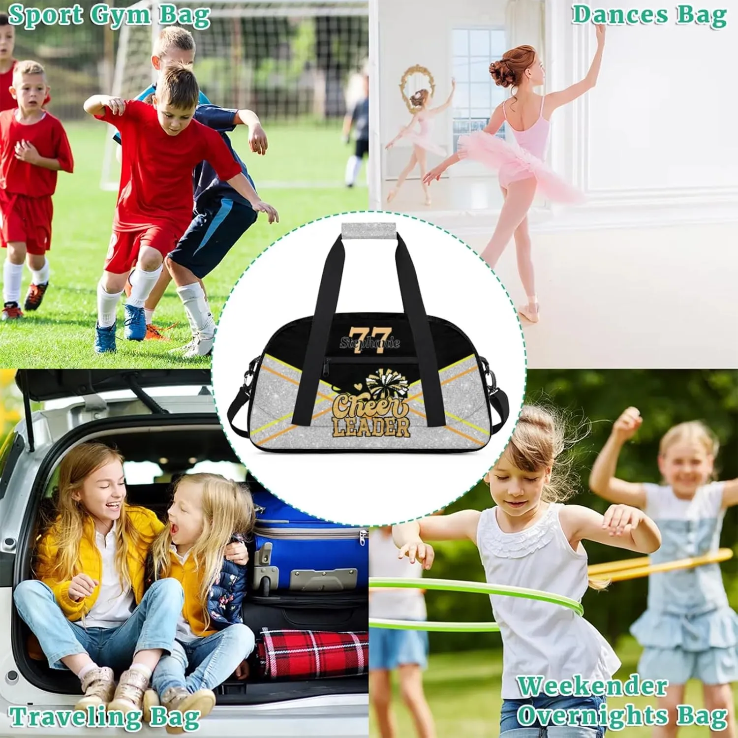 Kids Duffle Bag Personalized Gym Bag Overnight Bags, Ideal for Travel and Sports, Suitable for Men Women for Gym, Dance, Yoga, Durable Waterproof Sport Overnight Handbags Cheerleader Yellow