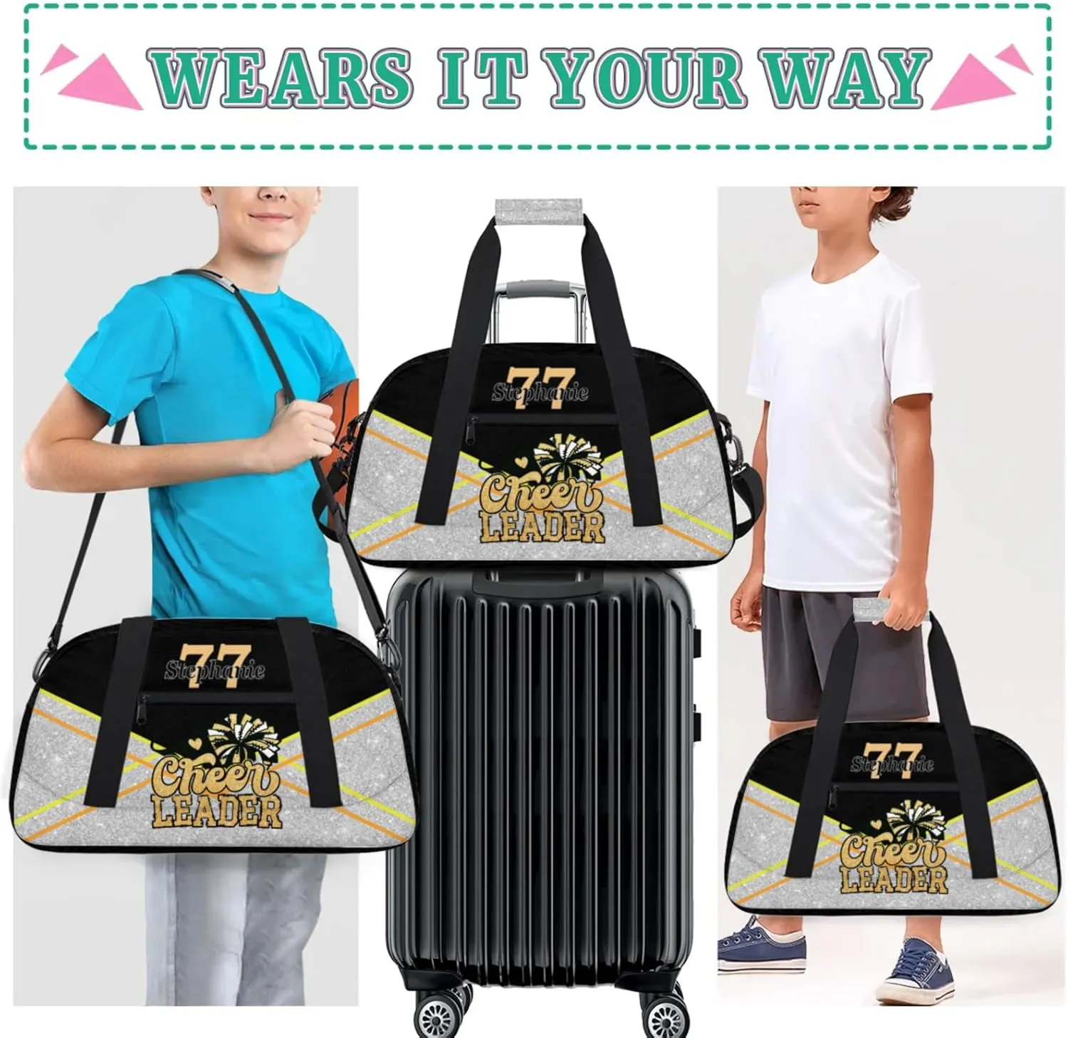 Kids Duffle Bag Personalized Gym Bag Overnight Bags, Ideal for Travel and Sports, Suitable for Men Women for Gym, Dance, Yoga, Durable Waterproof Sport Overnight Handbags Cheerleader Yellow