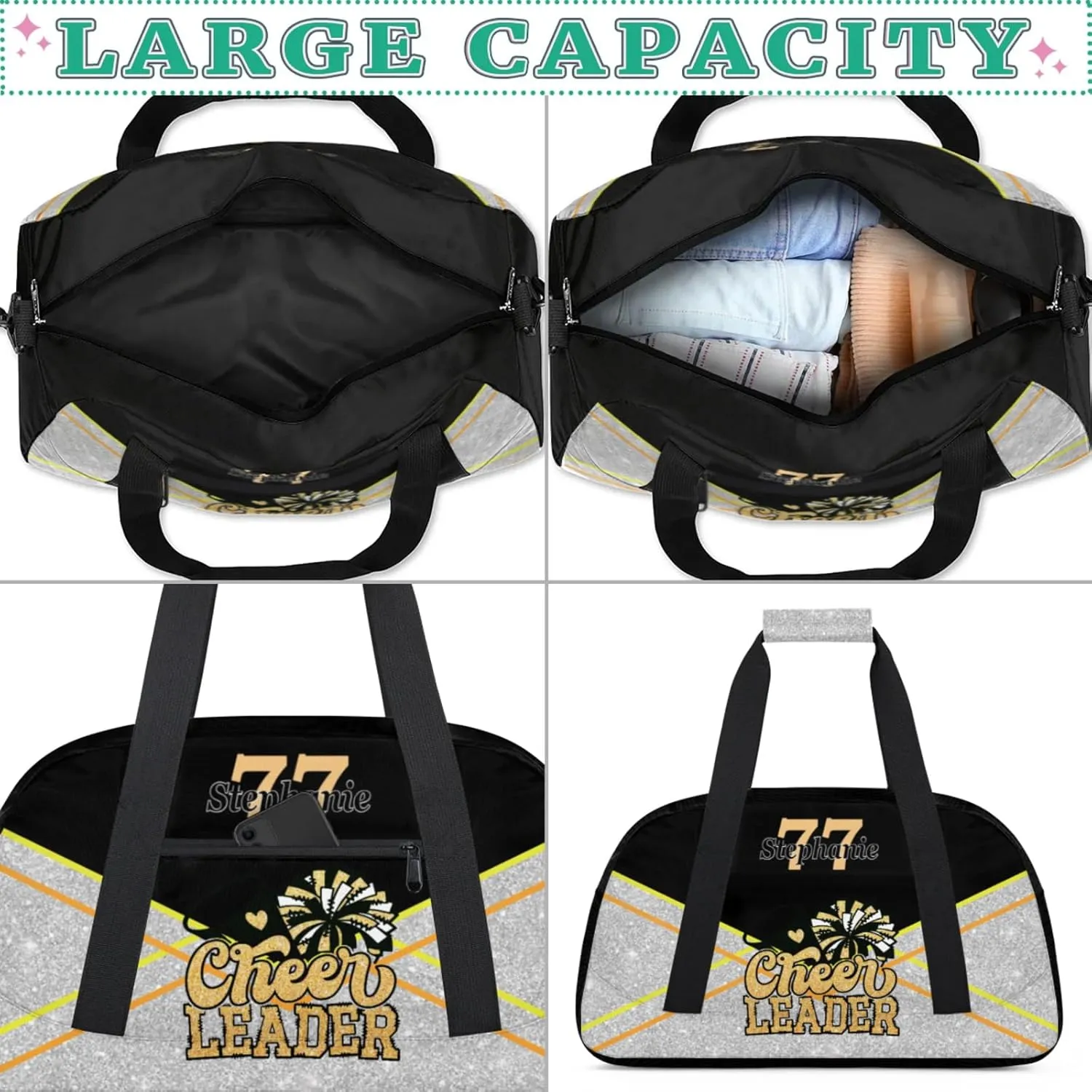 Kids Duffle Bag Personalized Gym Bag Overnight Bags, Ideal for Travel and Sports, Suitable for Men Women for Gym, Dance, Yoga, Durable Waterproof Sport Overnight Handbags Cheerleader Yellow