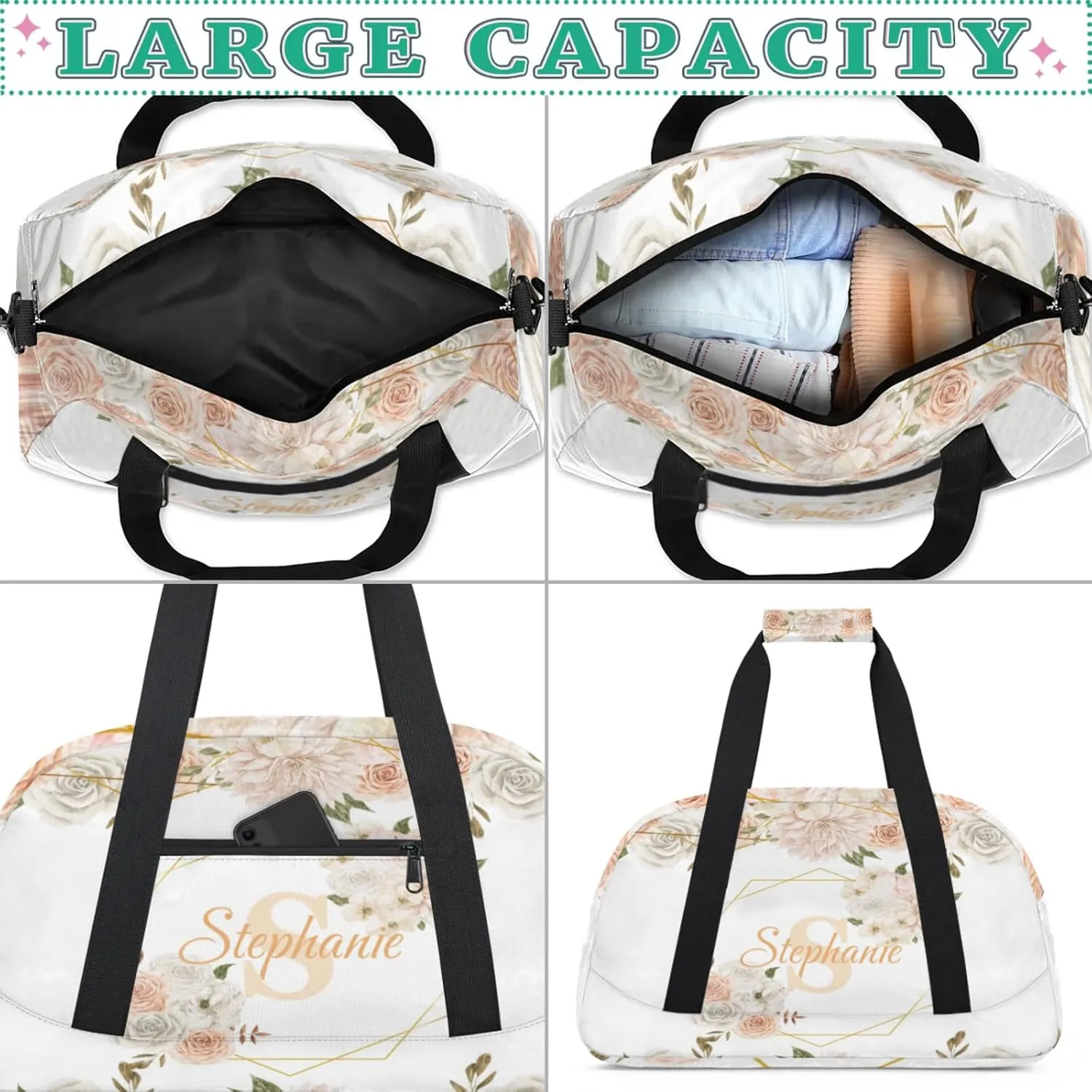 Kids Duffle Bag Personalized Gym Bag Overnight Bags, Ideal for Travel and Sports, Suitable for Men Women for Gym, Dance, Yoga, Durable Waterproof Sport Overnight Handbags Flower