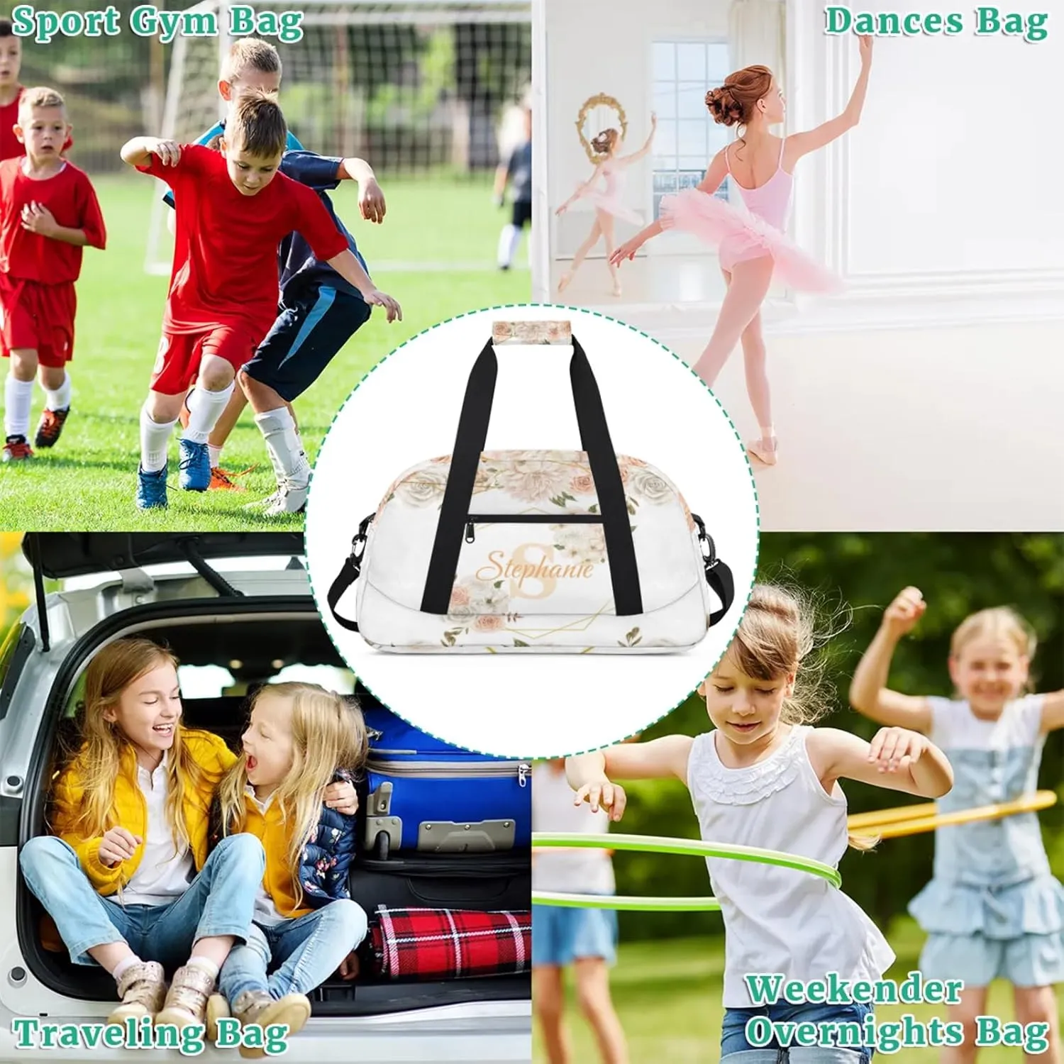 Kids Duffle Bag Personalized Gym Bag Overnight Bags, Ideal for Travel and Sports, Suitable for Men Women for Gym, Dance, Yoga, Durable Waterproof Sport Overnight Handbags Flower