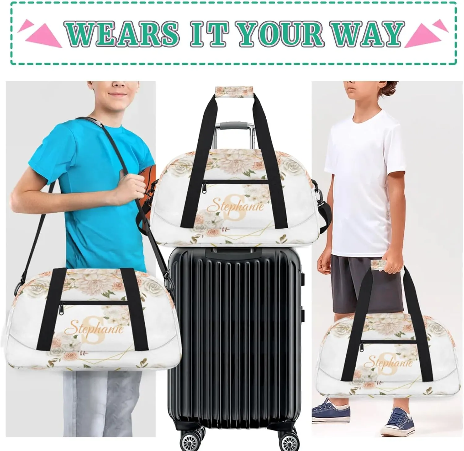 Kids Duffle Bag Personalized Gym Bag Overnight Bags, Ideal for Travel and Sports, Suitable for Men Women for Gym, Dance, Yoga, Durable Waterproof Sport Overnight Handbags Flower