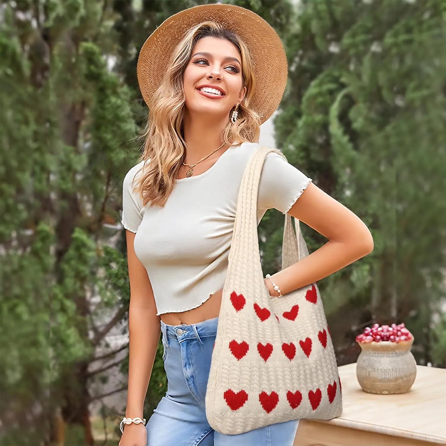 Knitted Shoulder Tote Bag Large Crochet Beach Bag Hobo Bag Aesthetic Tote Handbags for Women