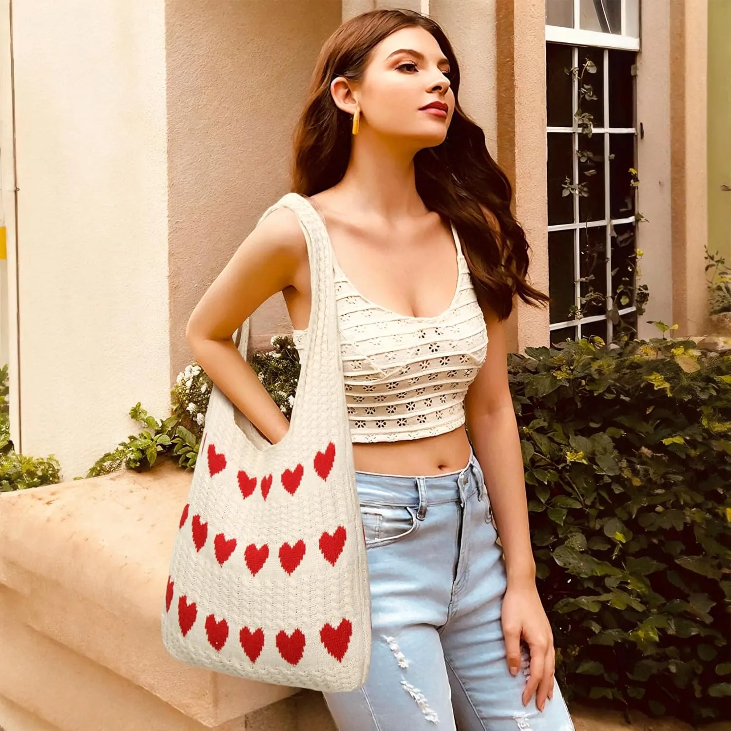 Knitted Shoulder Tote Bag Large Crochet Beach Bag Hobo Bag Aesthetic Tote Handbags for Women