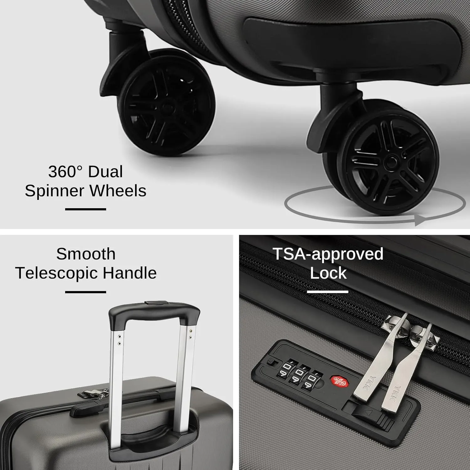 Kono Luggage Expandable(only 28") Suitcase Set 3Pcs   ABS Hardshell Suitcase with 360° Spinner Wheels, 20" 24" 28" Grey