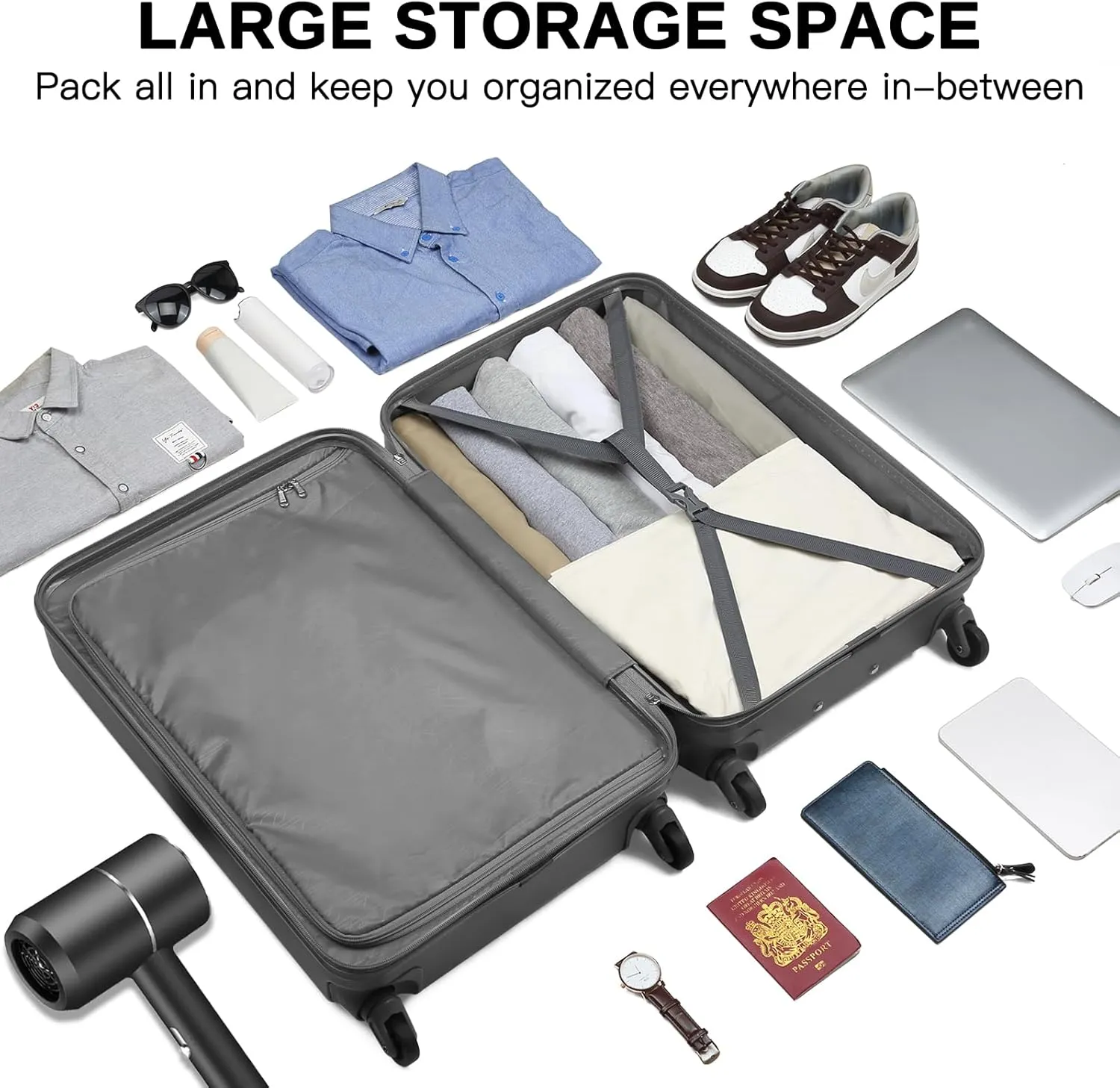 Kono Luggage Expandable(only 28") Suitcase Set 3Pcs   ABS Hardshell Suitcase with 360° Spinner Wheels, 20" 24" 28" Grey