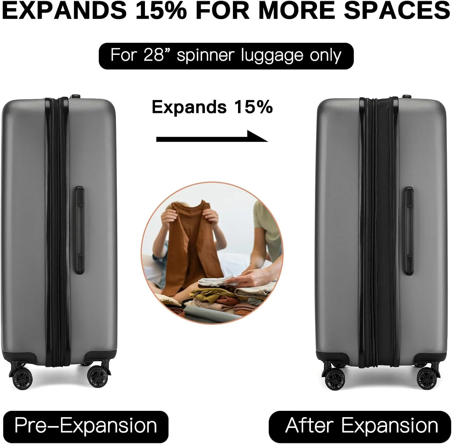 Kono Luggage Expandable(only 28") Suitcase Set 3Pcs   ABS Hardshell Suitcase with 360° Spinner Wheels, 20" 24" 28" Grey