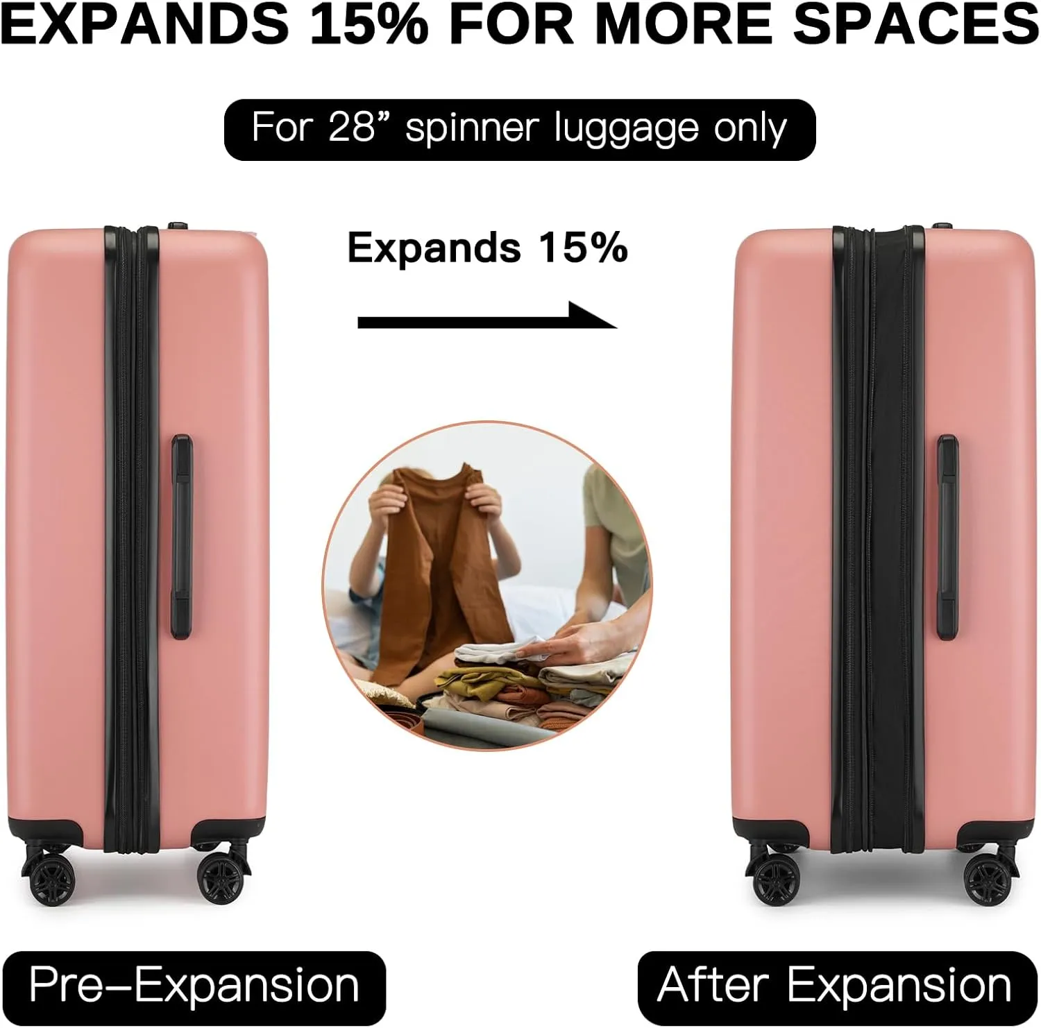 Kono Luggage Expandable(only 28") Suitcase Set 3Pcs   ABS Hardshell Suitcase with 360° Spinner Wheels, 20" 24" 28" Rose Gold