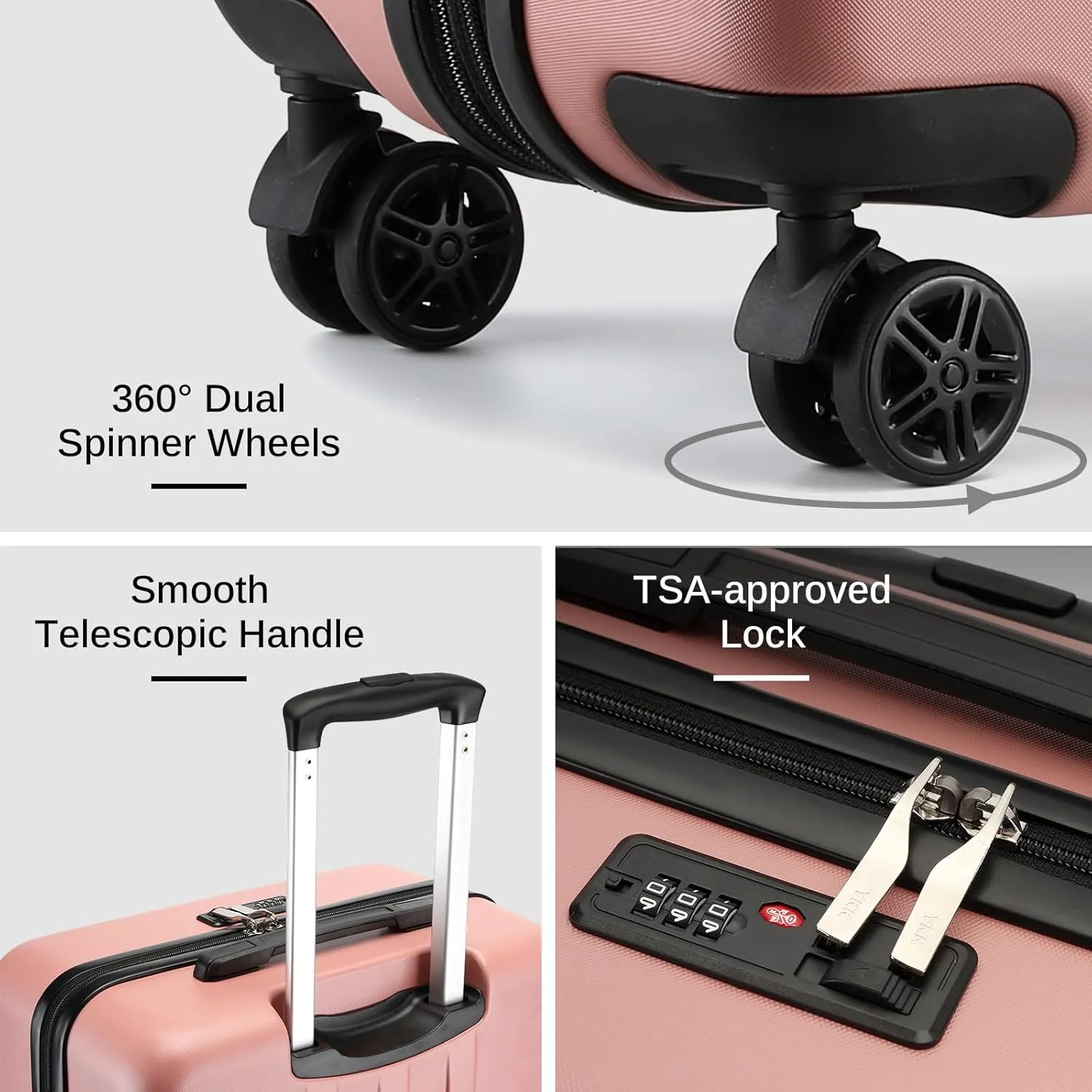 Kono Luggage Expandable(only 28") Suitcase Set 3Pcs   ABS Hardshell Suitcase with 360° Spinner Wheels, 20" 24" 28" Rose Gold