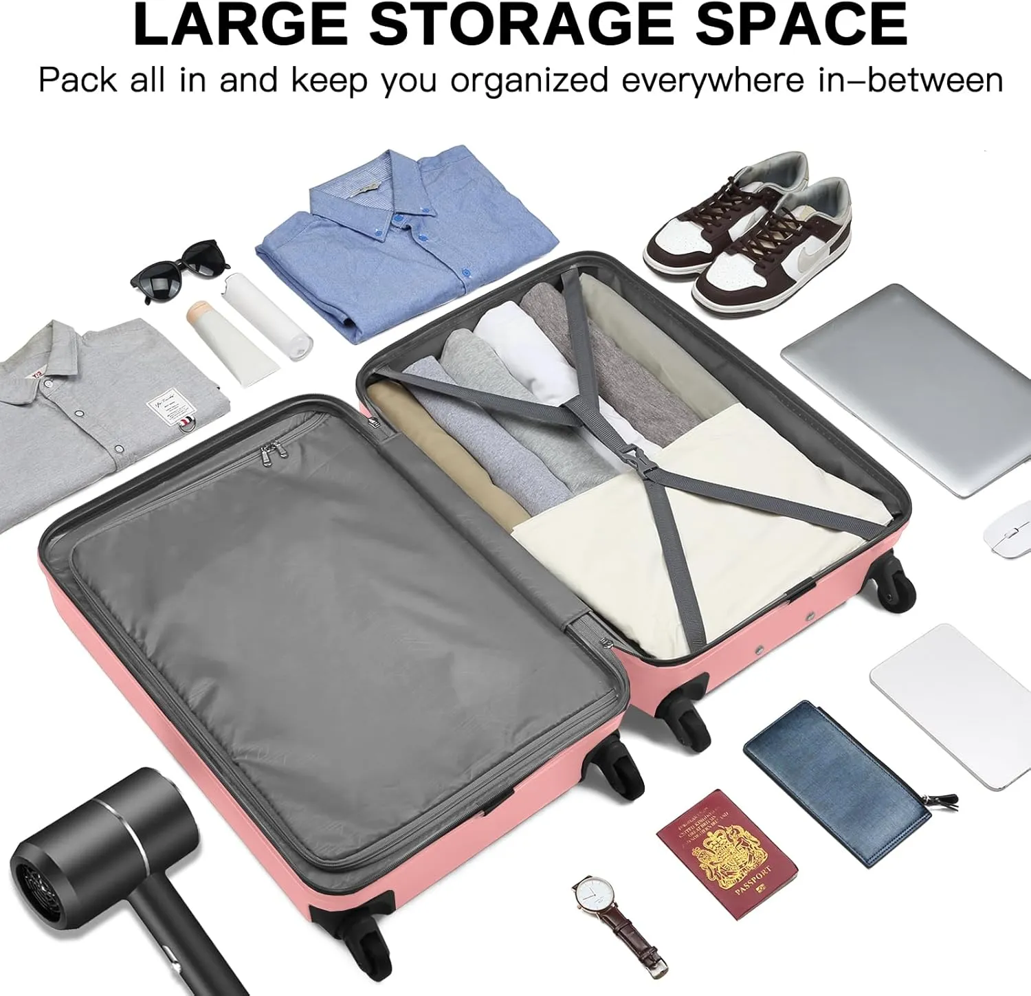 Kono Luggage Expandable(only 28") Suitcase Set 3Pcs   ABS Hardshell Suitcase with 360° Spinner Wheels, 20" 24" 28" Rose Gold