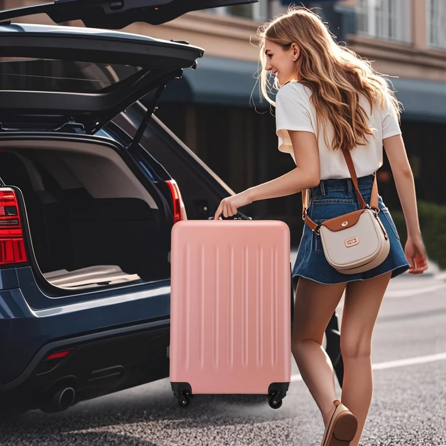Kono Luggage Expandable(only 28") Suitcase Set 3Pcs   ABS Hardshell Suitcase with 360° Spinner Wheels, 20" 24" 28" Rose Gold