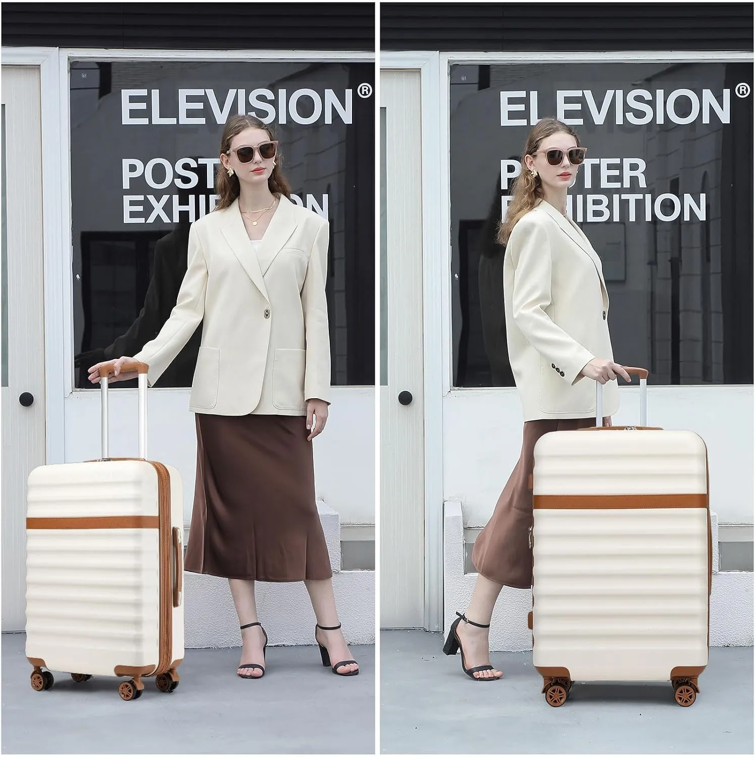 Kono Medium - Sized Checked Luggage, 24 - Inch Expandable with Spinner Wheels, TSA Lock, ABS   PC Lightweight Travel Suitcase with Larger Capacity and Lighter Weight, Cream Brown