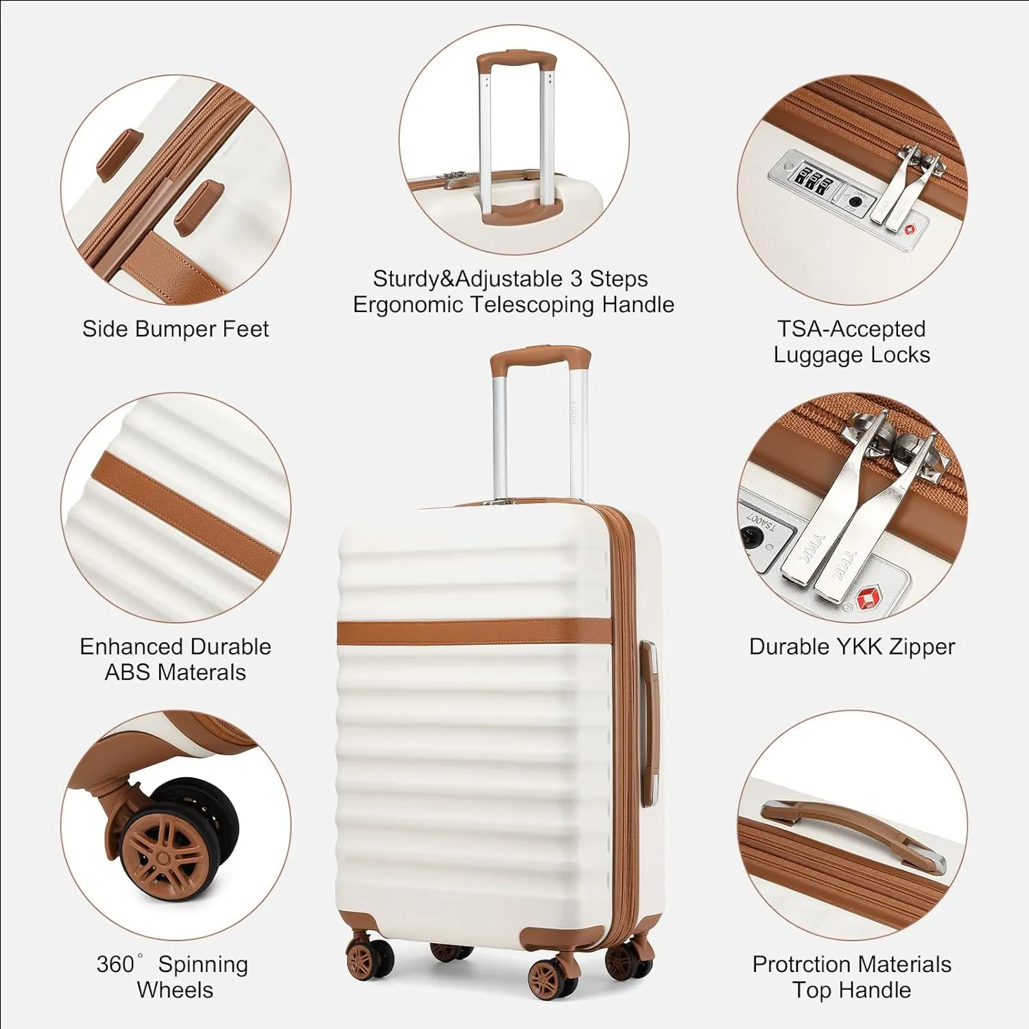 Kono Medium - Sized Checked Luggage, 24 - Inch Expandable with Spinner Wheels, TSA Lock, ABS   PC Lightweight Travel Suitcase with Larger Capacity and Lighter Weight, Cream Brown
