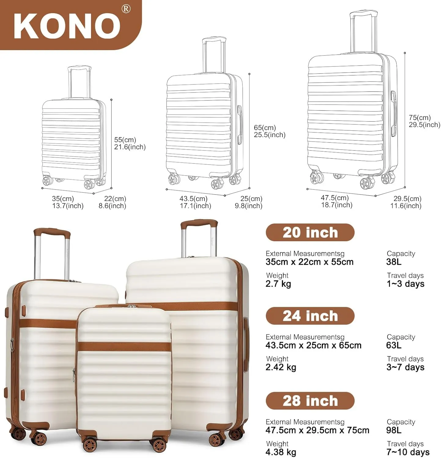 Kono Medium - Sized Checked Luggage, 24 - Inch Expandable with Spinner Wheels, TSA Lock, ABS   PC Lightweight Travel Suitcase with Larger Capacity and Lighter Weight, Cream Brown