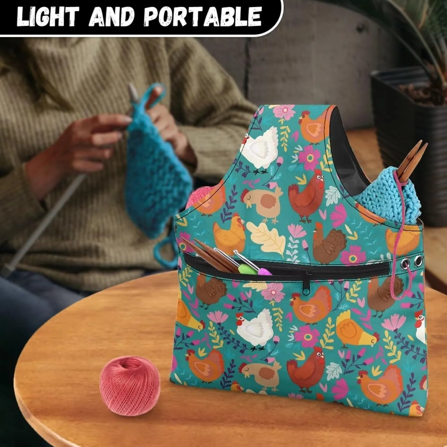 KUIFORTI Boho Yarn Bag Cute Chicken Knitting Needles Holder Bag Yarn Project Bag Needlework Tool Tote Bag with Front Zipper Pocket Lightweight Casual Shopping Handbag Large Size