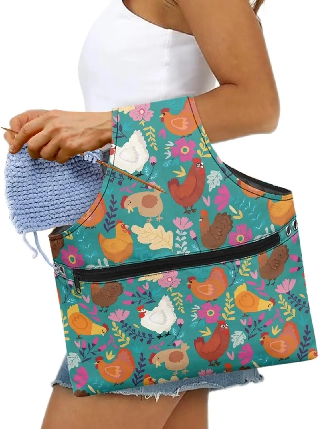 KUIFORTI Boho Yarn Bag Cute Chicken Knitting Needles Holder Bag Yarn Project Bag Needlework Tool Tote Bag with Front Zipper Pocket Lightweight Casual Shopping Handbag Large Size