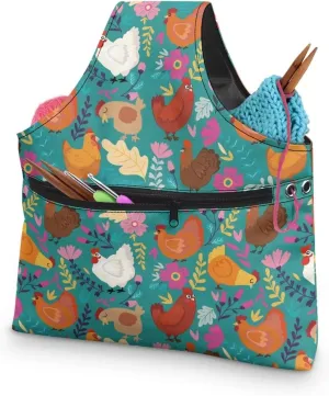 KUIFORTI Boho Yarn Bag Cute Chicken Knitting Needles Holder Bag Yarn Project Bag Needlework Tool Tote Bag with Front Zipper Pocket Lightweight Casual Shopping Handbag Large Size