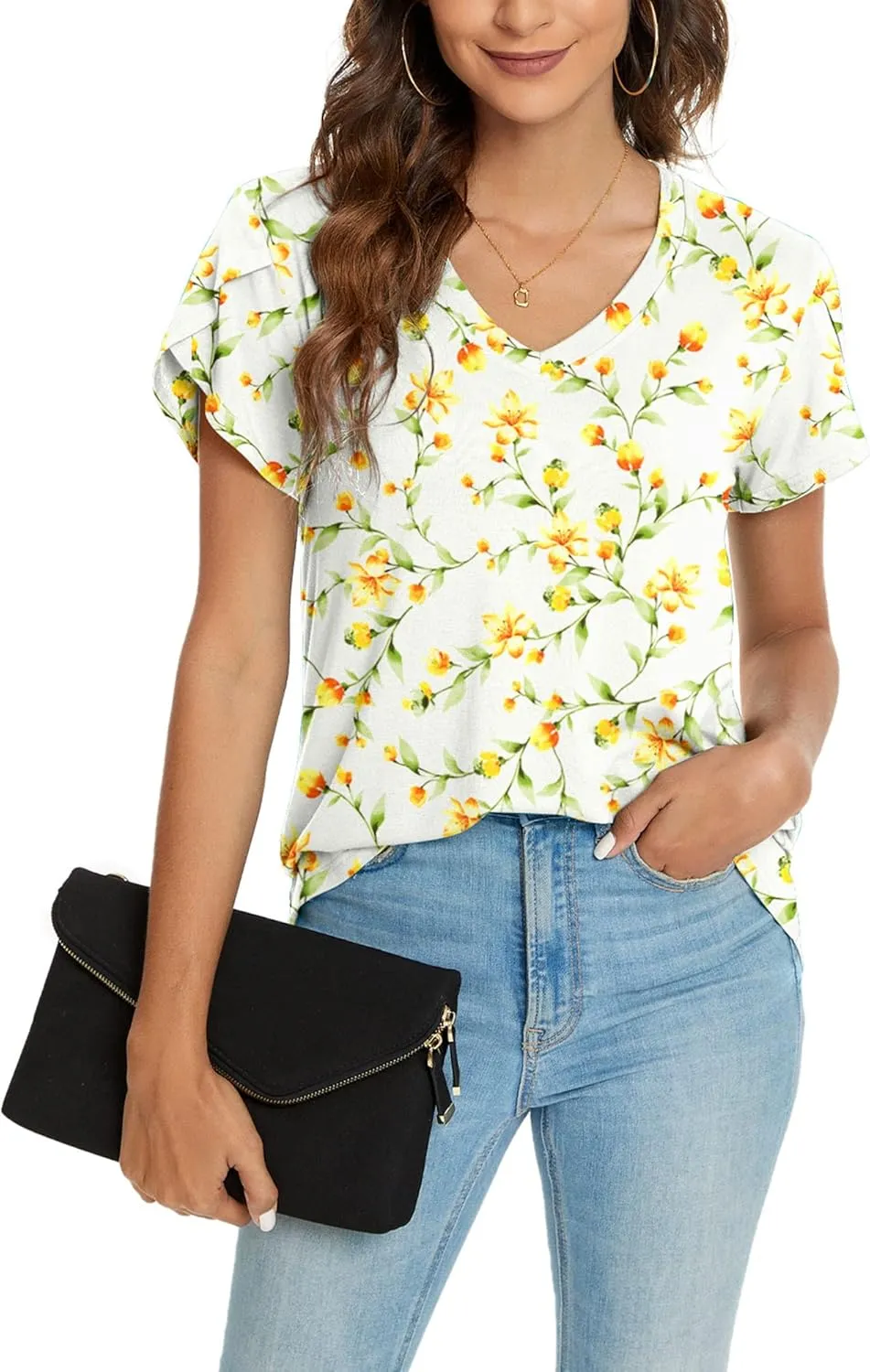 KUOTAI Womens Tops Summer Casual T Shirts V Neck Petal Sleeve Blouses Shirts
