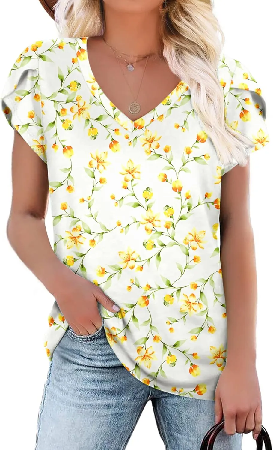 KUOTAI Womens Tops Summer Casual T Shirts V Neck Petal Sleeve Blouses Shirts